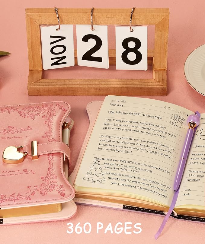 Hoci Poci Diary with Lock and Keys for Girls Gift Ideas, 360 Pages Journal | Elegant Gift Box for Teen Girls, B6 Gold Edged Pages Refillable Notebook with Pen and Bookmark for Writing, Garden Pink
