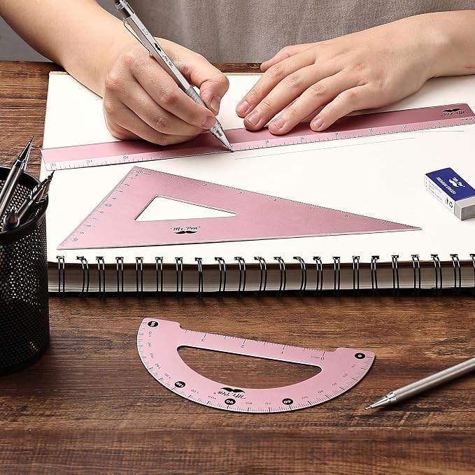 Mr. Pen- Metal Geometry Kit, 4 Pack, 45° & 30°/60° Set Squares | 6" Protractor & 12" Ruler, Durable Metal Drafting Tools for Technical Drawing, Math, Engineering & Architecture