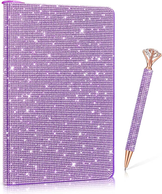 Rhinestone Pen & Glitter Notebook Set, Hard Cover Bling Diary Journal for Girls, Cute School Supplies for Back to School, Sparkly Desk Accessories Gift for Women(Rhinestone,A5,Purple)