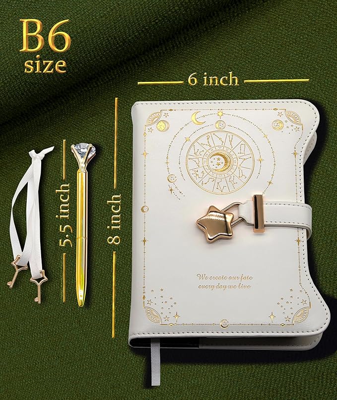 Hoci Poci Diary with Lock and Keys for Girls Gift Ideas, 360 Pages Journal | Elegant Gift Box for Teen Girls, B6 Kraft Pages Refillable Notebook with Pen and Bookmark for Writing, Astro White