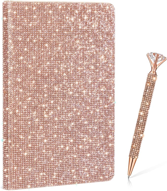 Resholder Rhinestone Pen & Glitter Notebook Set, Hard Cover Bling Diary Journal for Girls, Cute School Supplies for Back to School, Sparkly Desk Accessories Gift for Women(Rhinestone,A5,Rose Gold)