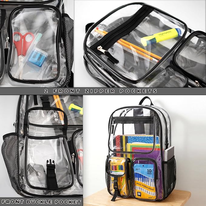 12 Pack 17" Bulk Clear Backpacks With 34 Pc School Supplies Kit, 6 Colors | Wholesale Transparent Bookbags for Kids, Reinforced Clear Vinyl Backpack Set for Charity Giveaways & Back to School Drives