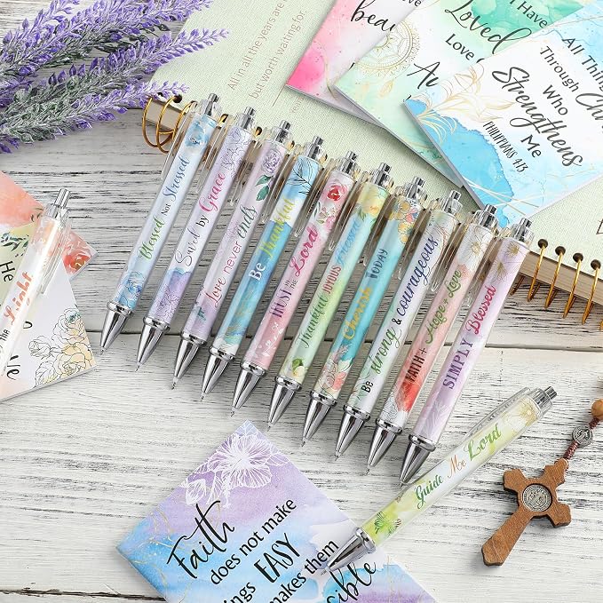 Colarr 12 Sets Christian Bulk Gifts for Women Bible Verse Pens Notebooks Religious VBS Scripture Ballpoint Pens Bookmarks Journal for Easter Sunday School Church Inspirational Supply(Flower)