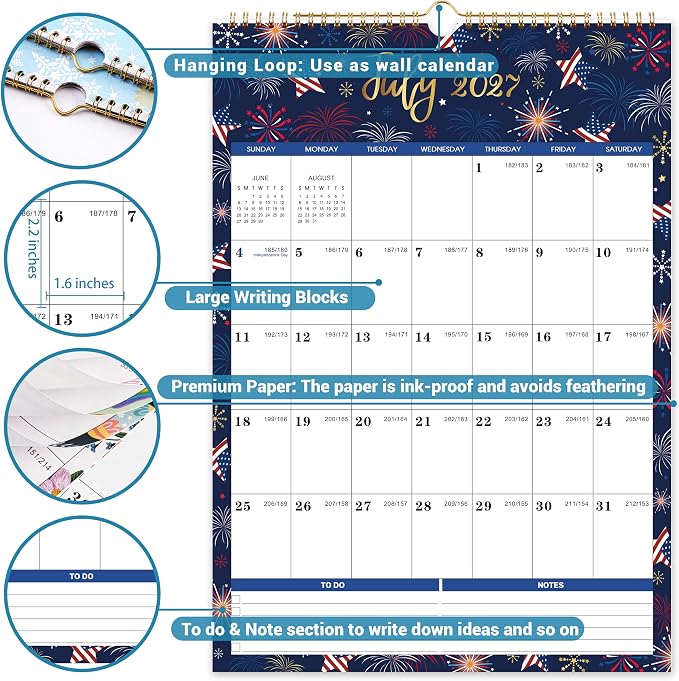 2027 Calendar - 2027 Wall Calendar, Jan 2027 - Dec 2027, Large Wall Calendar 2027, 12" x 17", 12 Monthly Calendar Large with Hanging Hook, Perfect for Organizing - 12 Different Themes