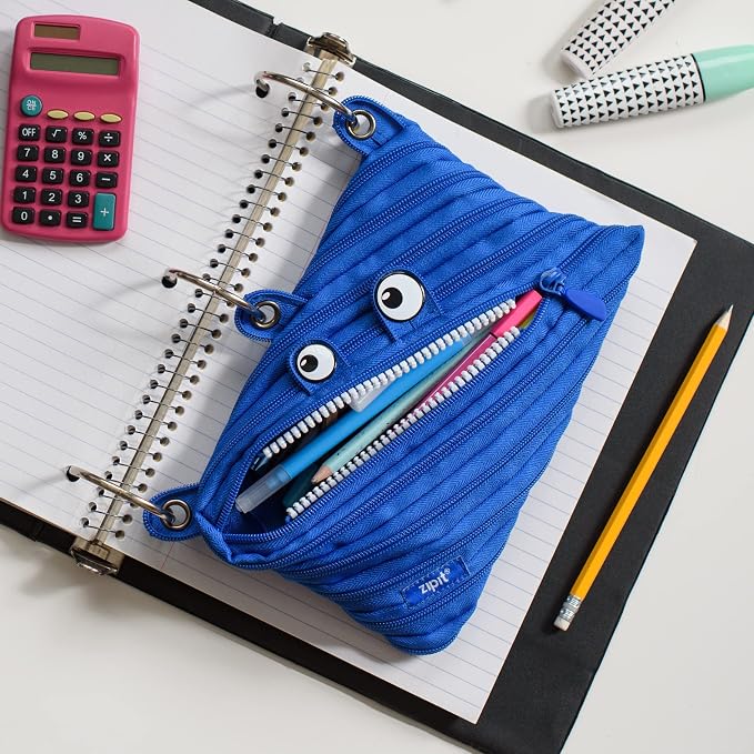 ZIPIT Monster Pencil Case for Kids, Cute 3-Ring Binder Pencil Pouch for Boys, Girls and Teens, Stationery Bag for School, Blue