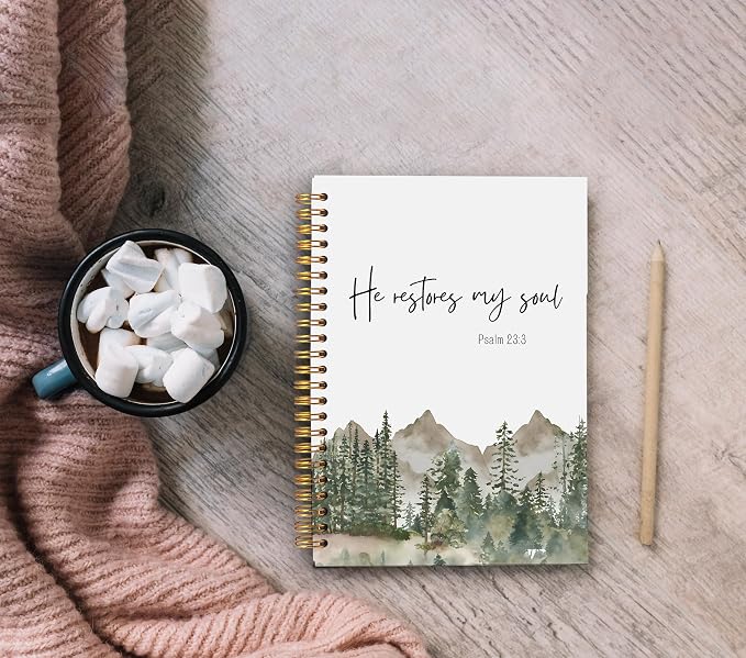 Forest Christian Notebook Journal, He Restores My Soul Bible Verse Notebook, Christian Gifts for Women Men, Psalm 23:3 Religious Scripture Spiral Journal 5.5x8.3 Inch