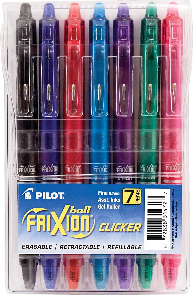 Pilot FriXion Clicker Erasable, Refillable & Retractable Gel Ink Pens Fine Point, Erasable Pens, Fine Tip 0.7mm, 7 Count (Pack of 1) Pouch