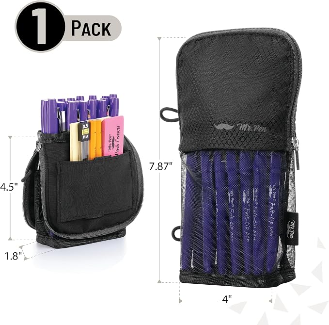Mr. Pen- Standing Pencil Case Pouch, Sit & Lay Mesh-View Design | Black with Gray Zipper, Interior Pocket & 2 Elastic Binder Loops, Cute Pencil Case for Girls and Boys