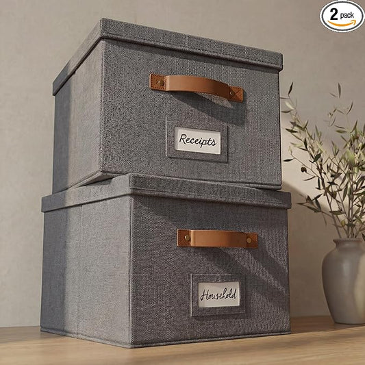 Decorative File Organizer Box Set of 2 - Collapsible Linen Filing Cabinets with Handles Are Perfect to Store All Your Documents & Hanging File Folders - Portable Easy Slide Office Crates with Lid