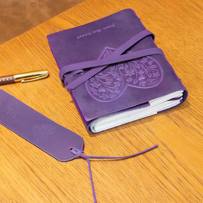 Sovereign-Gear Purple Heart Leather Journal Gift Set – Embossed Buffalo Leather Notebook + Bookmark & Pen - Romantic Writing Journal for Women - Premium Gift Box for Valentine’s, Anniversary, Birthday