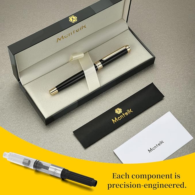 MCNTEIK 317 Fountain Pen,Stunning Luxury Piano Lacquer,18K Gilded Nib(Medium),Gorgeous 24K Gold Finish, Ink Converter,Trustworthy Gift for Men&Women-Elegant,Executive,Nice Pens for Writing, BK-M
