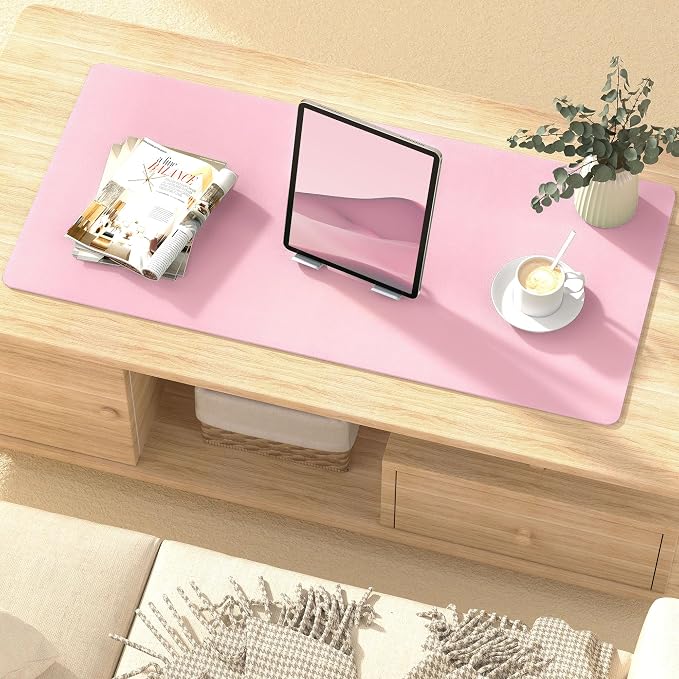 Mouse Pad Desk Protector Mat, Large PU Leather Office Desk Mat, Non-Slip Desk Pad for Keyboard and Mouse, Waterproof Desk Blotter Pad for Writing, Wide & Smooth Laptop Desk Pads, Pink (17’’X36’’)