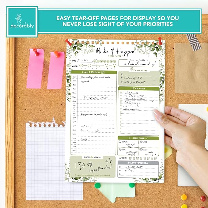 Decorably 52 Sheets Forest Green Undated Daily To Do list - 6.5x10in Spring-Bound, Easy Tear-Off, Planner Pad, Schedule, Priorities, Agenda, Water Intake, Meals, Notes and Doodles - Home, Office