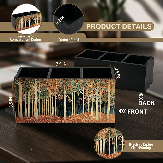 Rustic William Morris Inspired Autumn Forest Wooden Pencil Pen Holder for Desk Organizers and Accessories, Cottagecore Botanical Nature Makeup Brush Holder Organizer for Bathroom Vanity