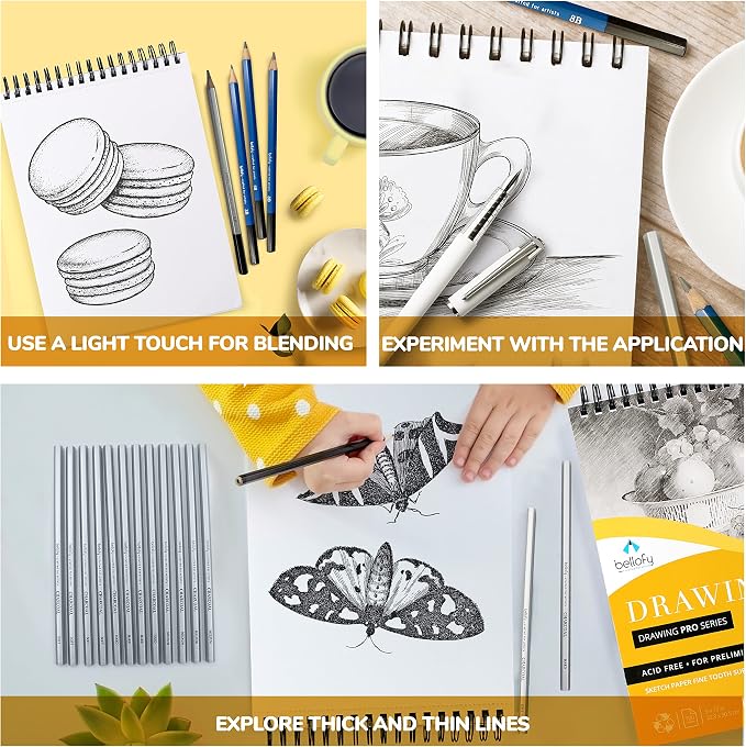 Bellofy 3 x Drawing Paper Pads 9” x 12” | 300 Sheets | 60lbs 85g | Acid Free Sketchbook Paper for Dry Media | Top Spiral Bound Sketchpad for Kids, Beginners, Artists & Professionals