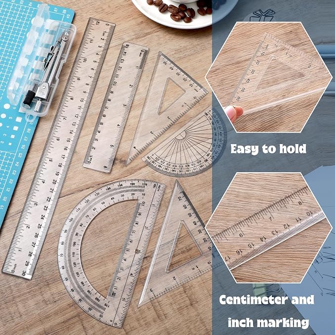 Zonon 7‑Piece Geometry Set with Drawing Compass, 6 & 4 Inch Protractors, Triangle Rulers and Straight Rulers, Transparent Math Drafting Supplies for Back to School, Students and Office Use(Clear)