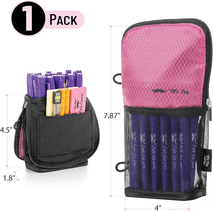 Mr. Pen- Standing Pencil Case Pouch, Sit & Lay Mesh-View Design | Black & Pink, Interior Pocket & 2 Elastic Binder Loops, Cute Pencil Case for Girls and Boys