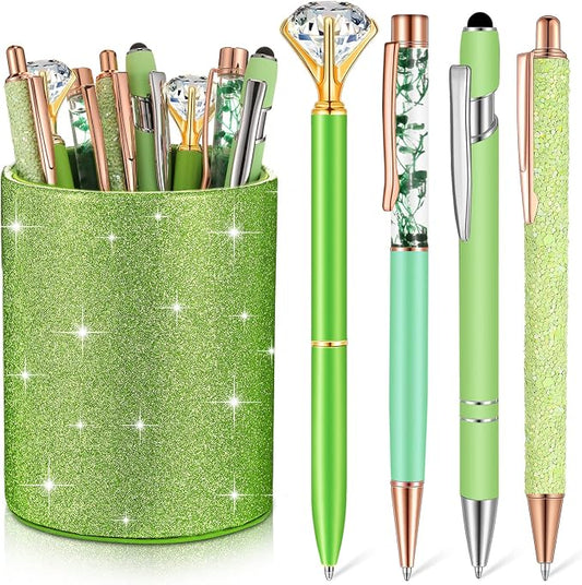 Sabary 8 Pcs Green Pens with Pen Holder for Desk Glitter Crystal Diamond Cute Ballpoint Fancy Pencil Holder Bling Desk Organizer for Women Girls School Office Supplies Wedding Graduation Gifts