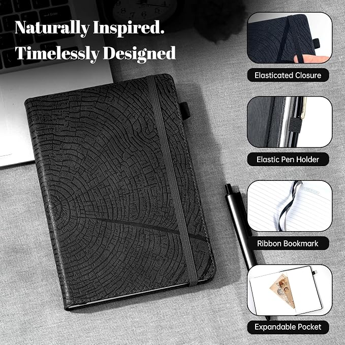 CAGIE Lined Journal for Men Women, Tree Growth Ring Leather Bound Journal Notebook, 256 Pages 100 GSM Journals for Writing, A5 Hardcover Journaling Notebooks for Work, Note Taking, Black