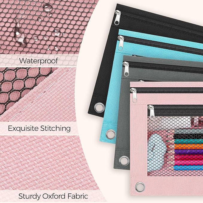 KONVINIT Pencil Pouch for 3 Ring Binder, Zipper Binder Pencil Pouch, Durable Cloth Pencil Case with 2 Pockets, Mesh Window Pencil Case Pouch for School Supplies, Cables, Earbuds, Makeup, Pink