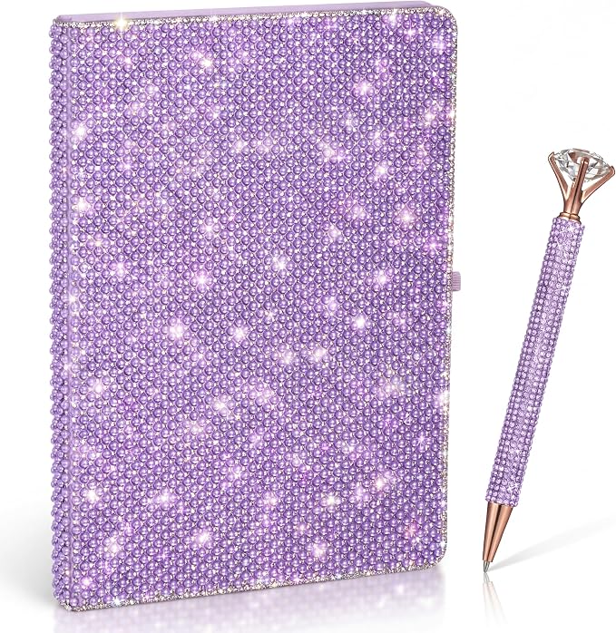 Resholder Rhinestone Pen & Glitter Notebook Set, Hard Cover Bling Diary Journal for Girls, Cute School Supplies for Back to School, Sparkly Desk Accessories Gift for Women(Pearl,A6,Purple)