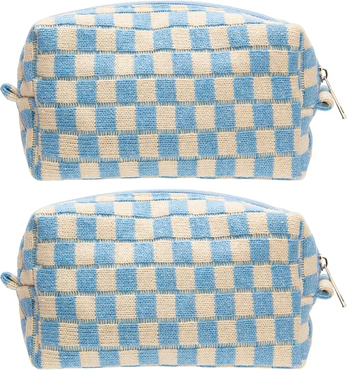 Checkered Makeup Bag for Purse, Small Cosmetic Pouch,Blue Beige,2 Pack | Cute Zipper Makeup Organizer for Women, Travel Essentials, Toiletries, Makeup Brushes, Beauty Accessories&Bridesmaid Gifts