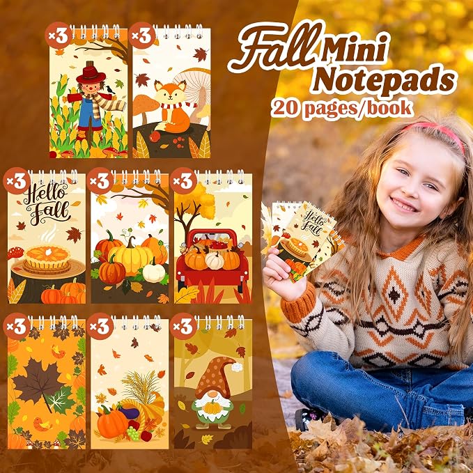 24Packs Fall Mini Notepads Thanksgiving Pumpkin Maple Leaves Spiral Notebooks Pocket Journal Memo Pads for Hello Autumn Seasonal Holiday Party Favors Gift Goodie Bag Stuffers School Classroom Rewards