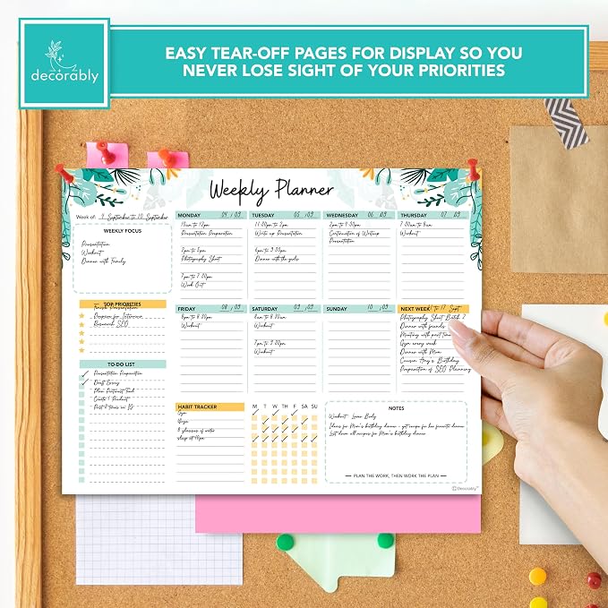Decorably 52 Sheets Colorful Pastel Weekly to Do List Notepad - 11x8.5" Spring-Bound Planner Pad, Easy Tear-Off for Priorities, Habit Tracker, Focus & Notes - Home, School, Office