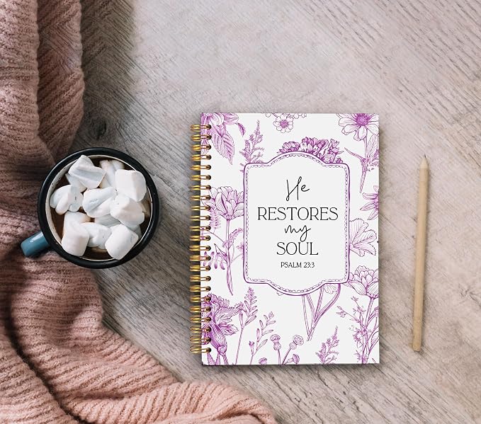 Christian Notebook for Women, Christian Gifts Journal, Prayer Journal for Women, Bible Journaling Notebook, PSALM 23:3 He Restores My Soul Floral Spiral Notebook 5.5x8.3