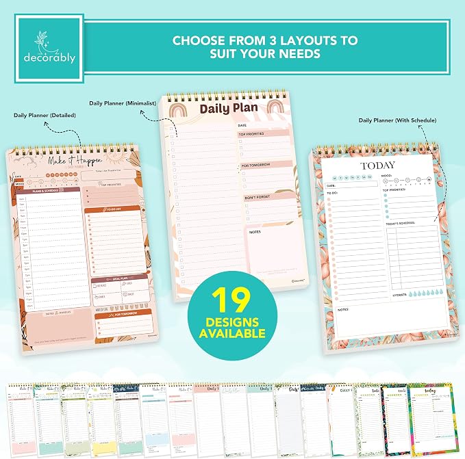 Decorably 52 Sheets Boho Celestial Undated Daily to Do List Notepad, 6.5x10" Spring-Bound Planner, Easy Tear-Off, for Schedule, Priorities, Agenda, Water Intake, Meals, Notes & Doodles, Home, Office