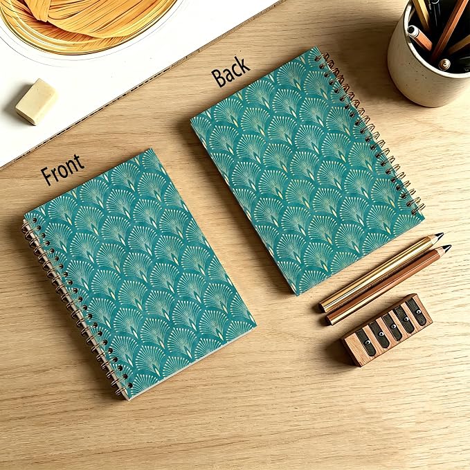 HOXUNQINA Art Deco Teal Green and Gold Journal Notebook 5.5x8.3 | Boho Abstract Peacock Feather Journal for Women, Luxury Modern Green and Gold Fan Notebooks for Work