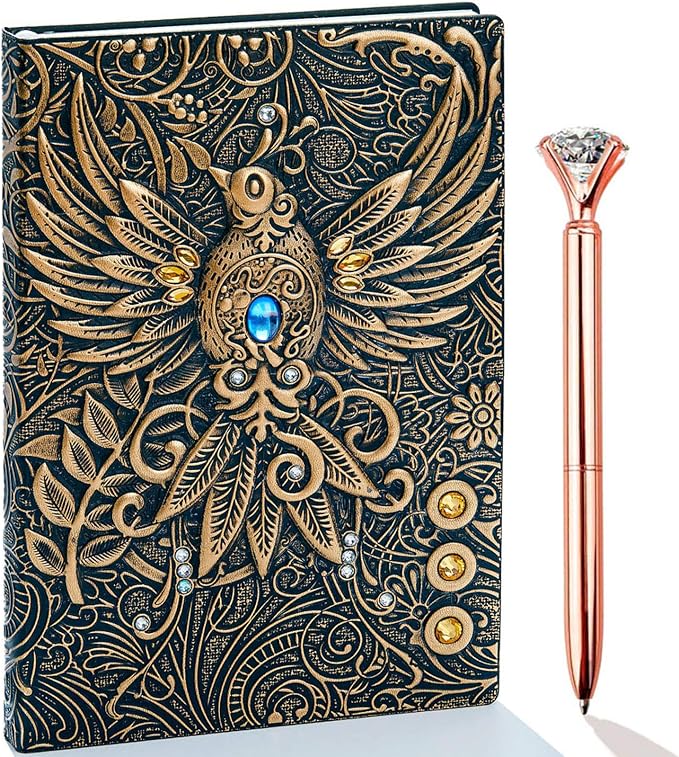 Vintage 3D Phoenix Embossed Leather Writing Journal with Diamond Pen Set,A5,200Pages,Antique Handmade Daily Notepad Sketchbook,Travel Diary&Notebook to Write in,for Women Men