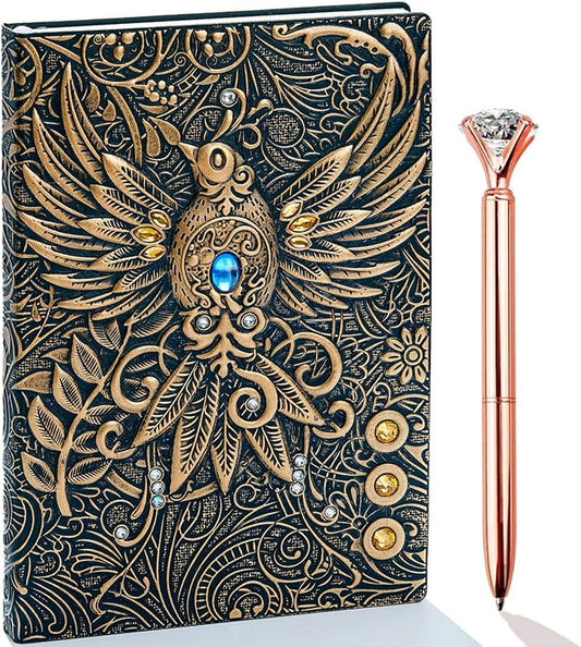 Vintage 3D Phoenix Embossed Leather Writing Journal with Diamond Pen Set,A5,200Pages,Antique Handmade Daily Notepad Sketchbook,Travel Diary&Notebook to Write in,for Women Men