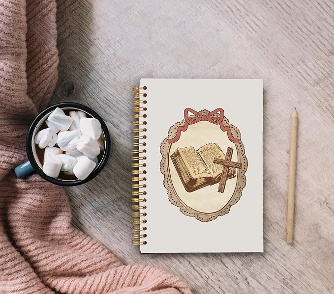 Vintage Pink Bow Christian Notebook Journal, Bible Notebook for Note Taking, Christian Gifts for Women, Retro Religious Cross Prayer Spiral Journal 5.5x8.3 Inch
