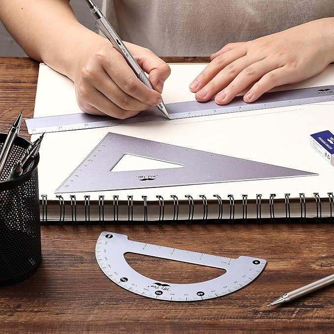 Mr. Pen- Metal Geometry Kit, 4 Pack, 45° & 30°/60° Set Squares | 6" Protractor & 12" Ruler, Durable Metal Drafting Tools for Technical Drawing, Math, Engineering & Architecture
