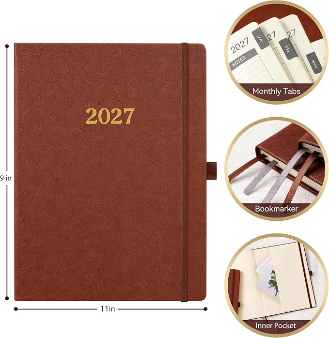 Vondafe 2027 Planner Weekly and Monthly, Jan. 2027 - Dec. 2027, 9" x 11" | Inner Pocket + Elastic Closure + Pen Loop + Bookmarks, Leather Hardcover, Brown, Calendar Planner 2027 for office planning
