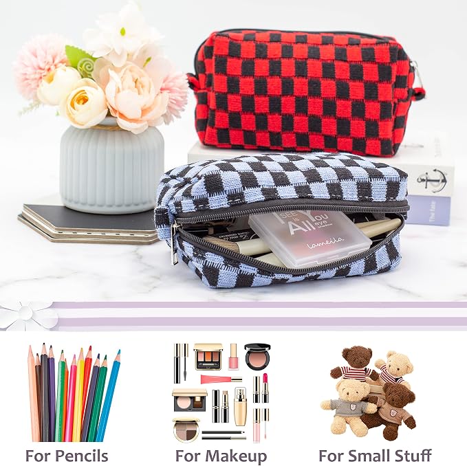 Checkered Makeup Bag for Purse, Small Travel Cosmetic Pouch,Blue Black | Cute Zipper Makeup Organizer for Women, Travel Essentials, Toiletries, Makeup Brushes, Beauty Accessories&Bridesmaid Gifts