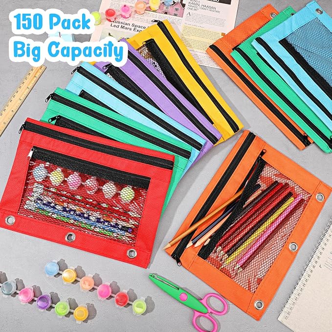 Zhehao 300-Count Mesh Pencil Pouch for 3 Ring Binder with Zipper and Double Pocket, Bright Color, School Supplies