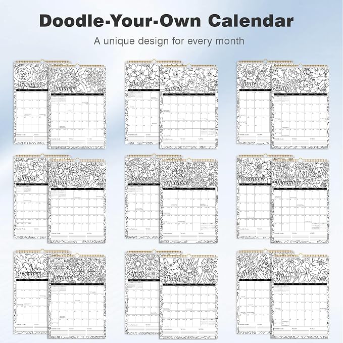 Ospelelf Wall Calendar 2026 - 2027 Hanging Coloring Calendar 12'' x 17'', Monthly Kids Calendars Planner with Plastic Cover, 18 Month Doodle Calendar for Family, Office, Use Jan 2026 - June 2027, Floral