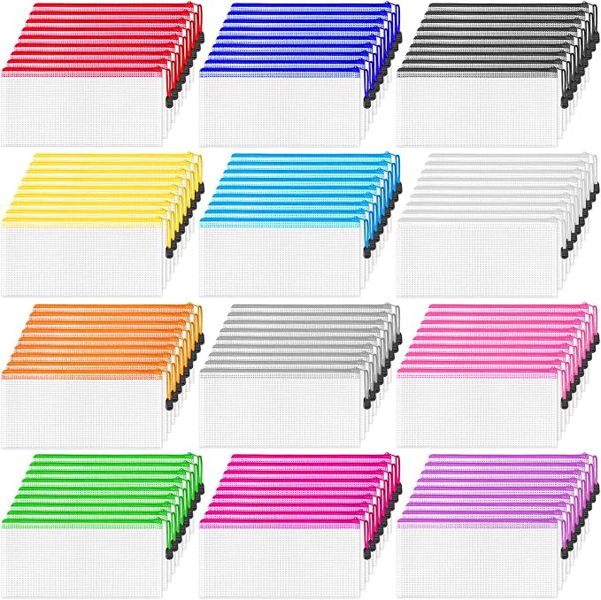 108 Pack Pencil Pouch Bulk, 9.5" x 4.5" Mesh Zipper Pouch, 12 Colors | Small Clear Zipper Pouch Pencil Case for Supplies Storage, Travel, Cash, Cosmetics, Office with Translucent Waterproof PVC