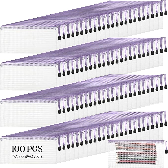Handepo 100 Pack Mesh Zipper Pouch Pencil Pouches Bulk Clear Storage Bag Small Waterproof Purse Bag Multipurpose for Cash Board Game Passport Office(A6/9.45x4.53in,White Pouch Purple Zipper)