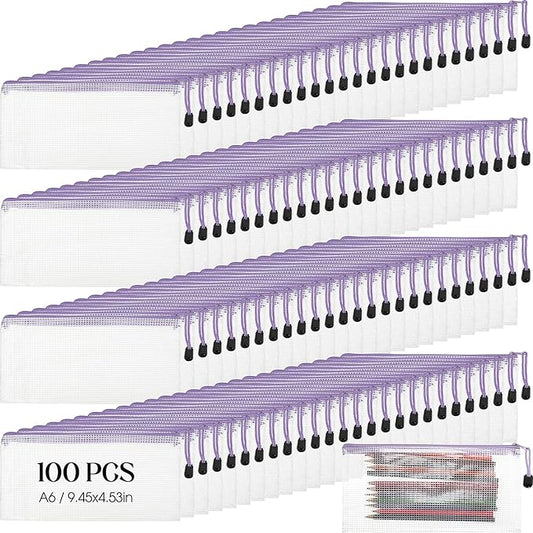 Handepo 100 Pack Mesh Zipper Pouch Pencil Pouches Bulk Clear Storage Bag Small Waterproof Purse Bag Multipurpose for Cash Board Game Passport Office(A6/9.45x4.53in,White Pouch Purple Zipper)