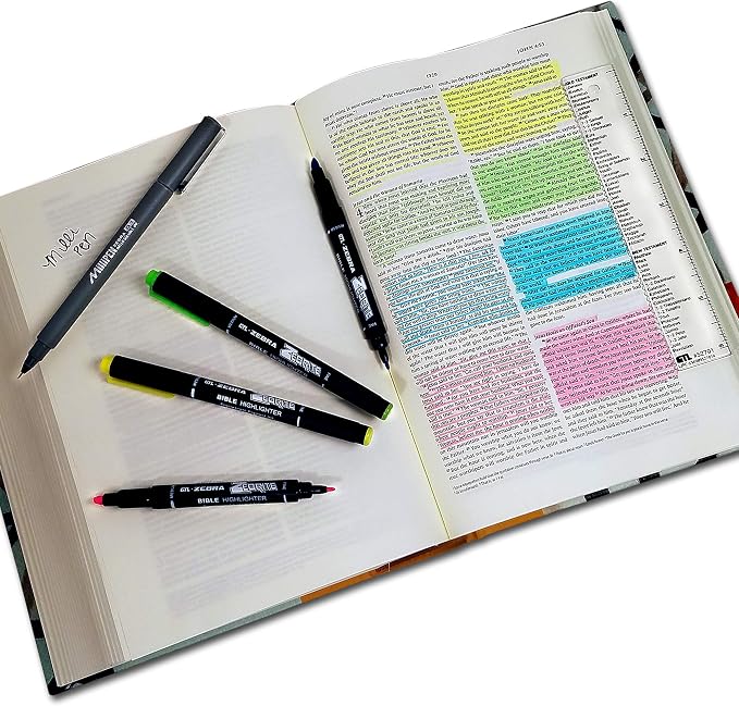 G.T. Luscombe Company, Inc. Zebrite Bible Marking Kit | No Bleed Pigmented Ink | No Fading or Smearing | Double Ended Highlighters, Note Pen & Books of the Bible Ruler/Bookmark (Set of 5 + Ruler)