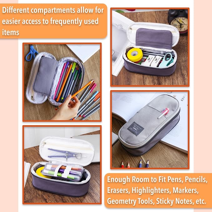 Mr. Pen- Pencil Case Large, Fabric Pencil Pouch Large, Grey, Pen Bag, School Supplies, Pencil Pouch Cute (Pack of 2)