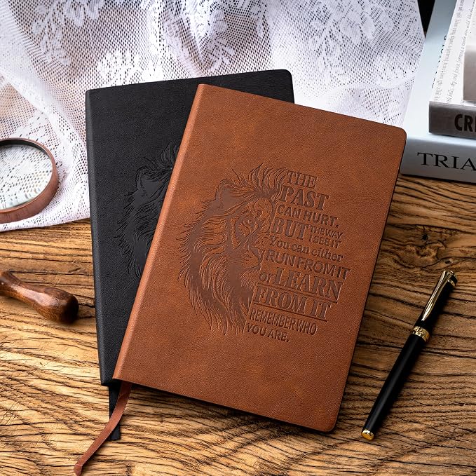 MINICAGIE 2 Pack A5 Lined Journal for Men Soft Cover Journals for Writing with 256 Pages Vintage Lion Journaling Notebooks (Brown and Black, A5)