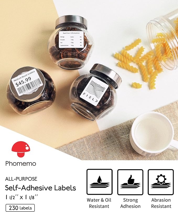 [230 pcs] Phomemo M110 Labels, 1.57'' x 1.18'' (40x30mm) | Original, Square, White, 230 Labels/Roll, Self-Adhesive Removable Thermal Label Compatible for M100/M120/M220/M221/M250