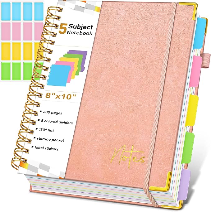 5 Subject Blank Notebook with Removable Dividers Tabs, 300 Pages Hardcover Leather Sketch Book Spiral Journal, 8"x10" B5 Large Sketchbook Notebooks for Women Men Work School Sketching Drawing, Pink