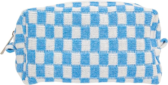 Checkered Makeup Bag for Purse, Small Travel Cosmetic Pouch,Sky Blue | Cute Zipper Makeup Organizer for Women, Travel Essentials, Toiletries, Makeup Brushes, Beauty Accessories&Bridesmaid Gifts