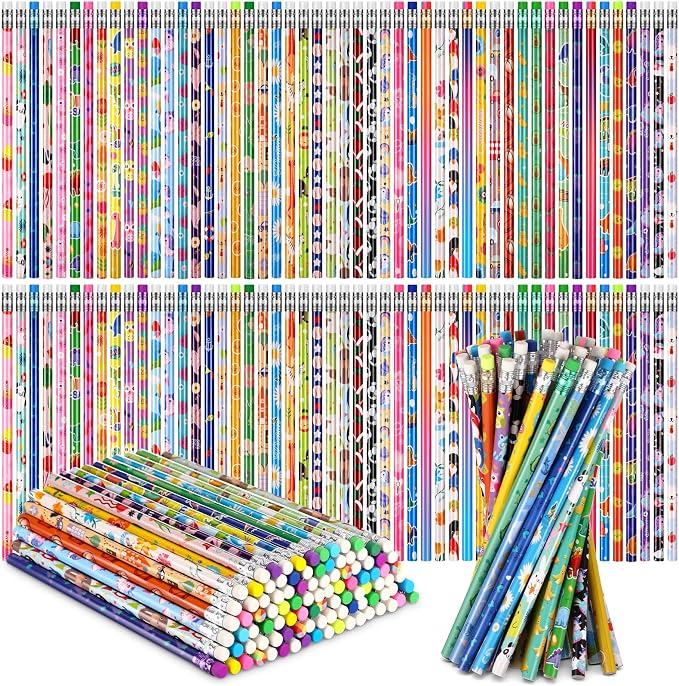 Sabary 100 Pcs Assorted Wood Pencil Bulk 50 Styles #2 HB Colorful Novelty Fun Dinosaur Animals Fruits Sports Pencils with Erasers for Teacher Reward