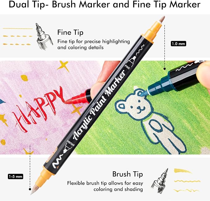 Shuttle Art 28 Metallic Colors Dual Tip Acrylic Paint Markers, Brush Tip and Fine Tip Acrylic Paint Pens for Rock, Ceramic, Wood, Canvas, Plastic, Glass, Stone, Calligraphy, Card, DIY Football Crafts